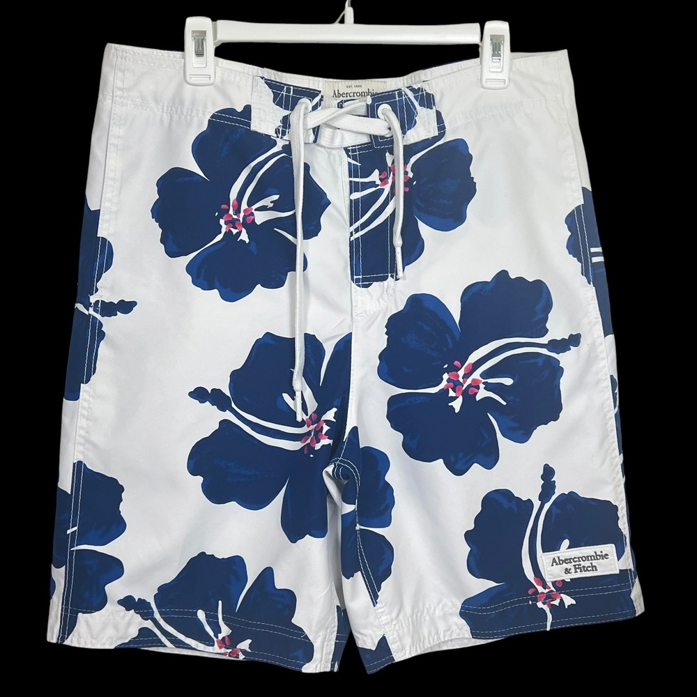 Abercrombie & Fitch Men's Blue Hibiscus Floral Board Shorts White Size L Swim